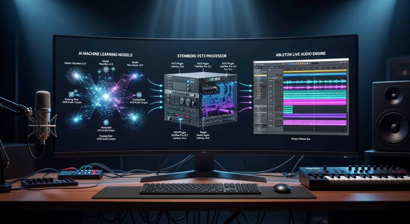 Detailed photorealistic 8K technical diagram rendered realistically showing data flow from AI machine learning models through Steinberg VST3 processor into Ableton Live audio engine