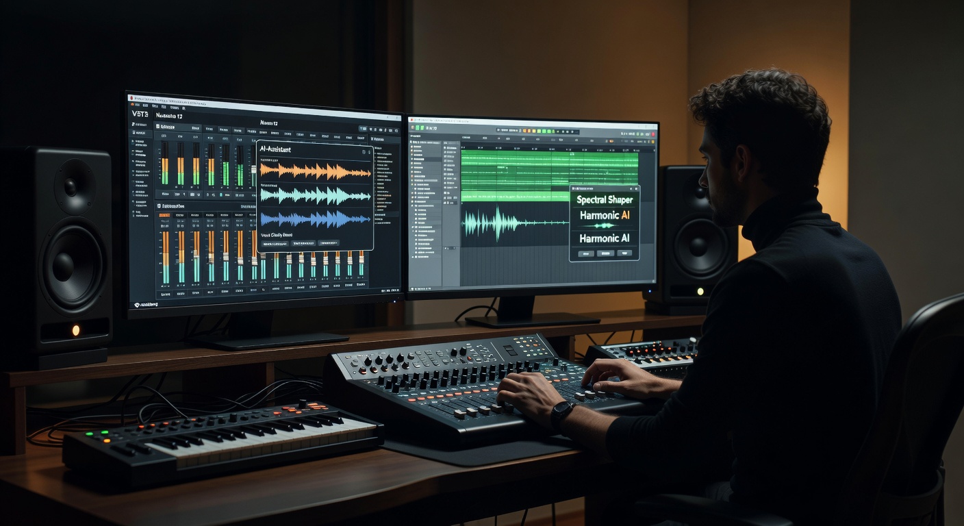 Cinematic ultra-realistic 8K image of Steinberg and Ableton software interfaces running simultaneously on multiple monitors, showcasing VST plugin compatibility and AI feature highlights