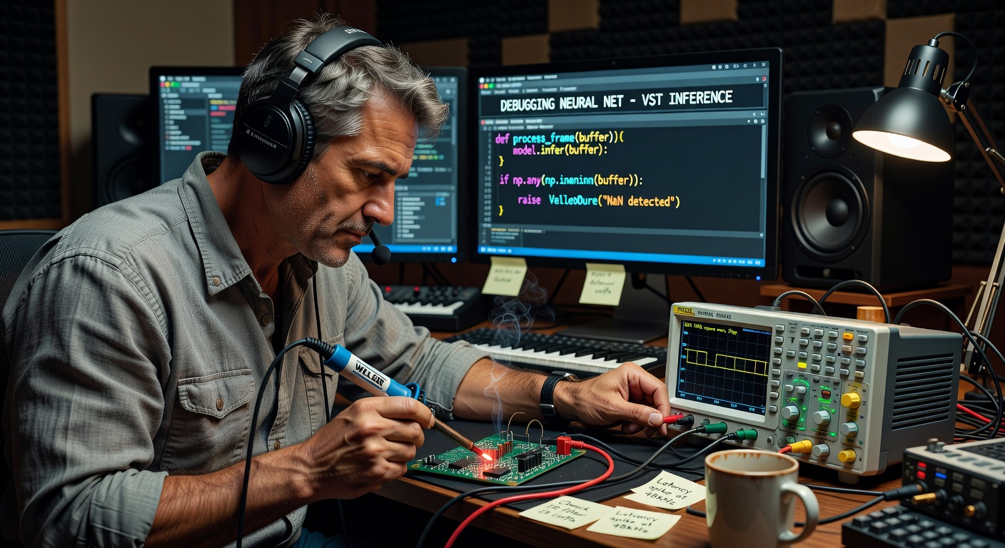 Photorealistic 8K close-up of an audio engineer debugging real-time neural network inference code for a VST plugin using advanced development tools and oscilloscopes