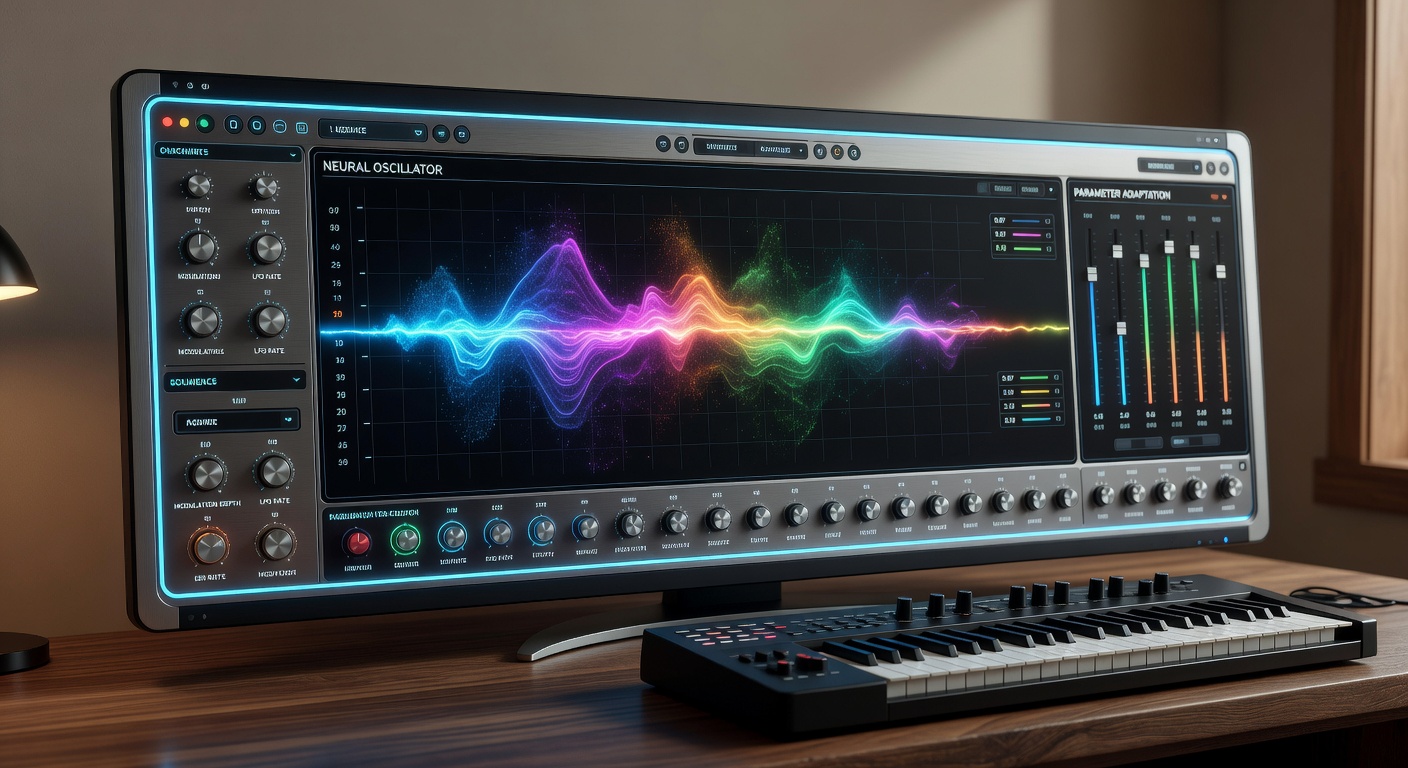 Ultra-realistic 8K image of a complex AI synthesizer VST plugin interface with VSTGUI elements, showing adaptive sound generation parameters and real-time waveform morphing visualizations