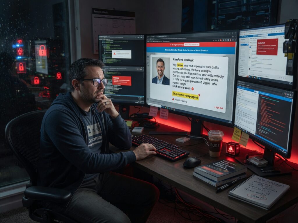 Ultra-realistic 8K image of a concerned male software developer sitting at a modern desk with multiple monitors, looking at a suspicious LinkedIn message on screen, cyber security atmosphere with subtle red warning elements, cinematic lighting