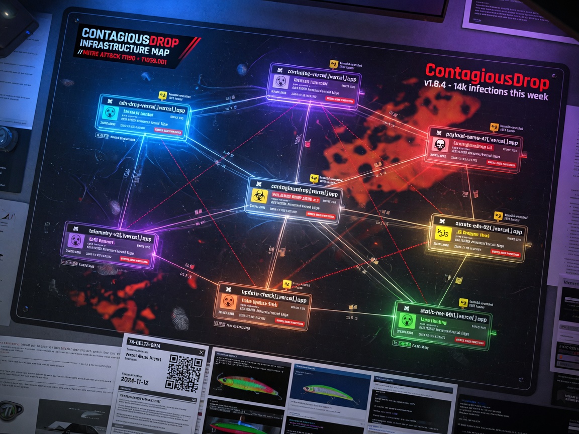 Ultra-realistic 8K visualization of the ContagiousDrop malware family infrastructure showing multiple Vercel subdomains connected in a network, technical threat intelligence style