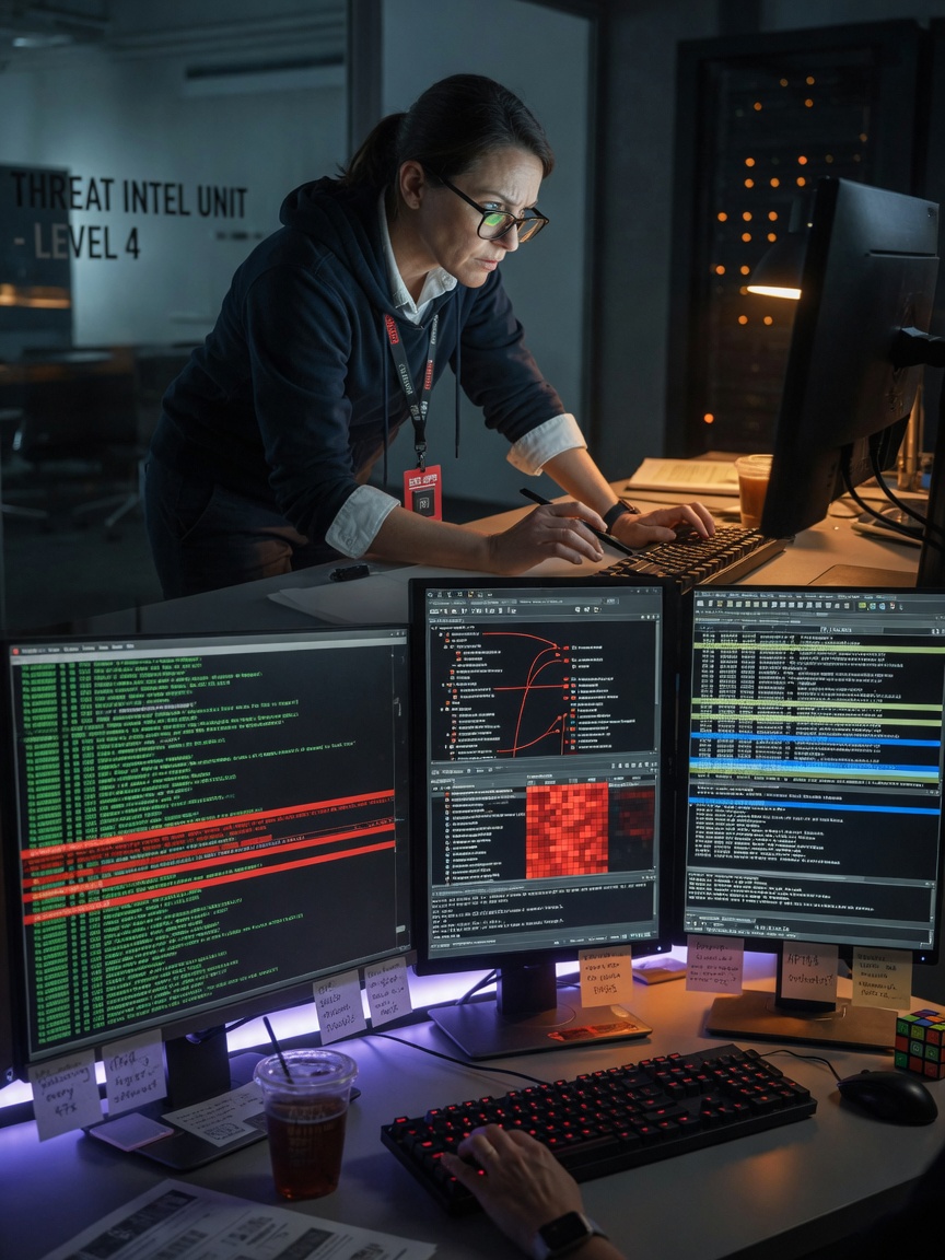 Cinematic 8K portrait of a cybersecurity researcher examining malicious code on multiple screens, focused expression, professional modern office environment