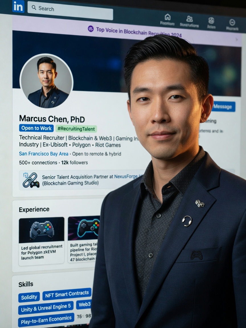 Photorealistic 8K close-up of a LinkedIn profile showing a professional recruiter with blockchain and gaming background, subtle deepfake distortion effects barely visible, professional corporate headshot style