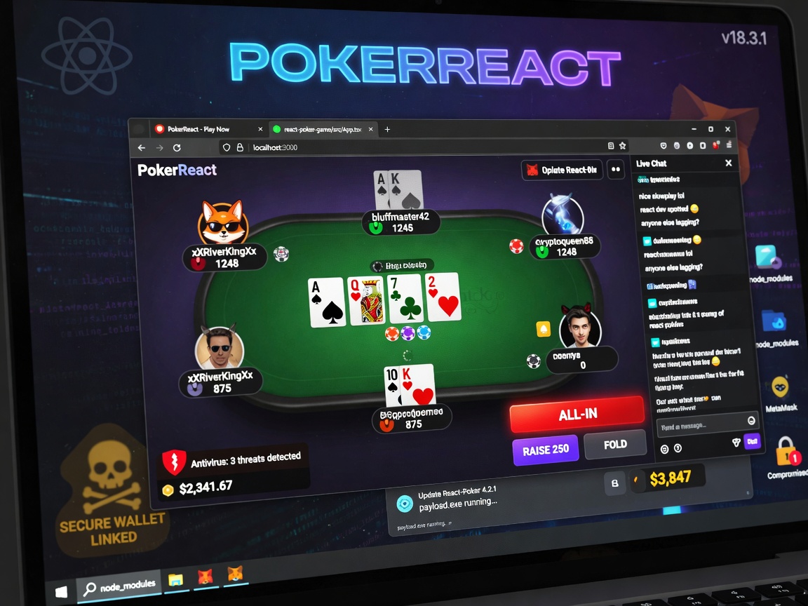 Ultra-realistic 8K image showing a React poker game interface on a computer screen, appearing completely legitimate, with subtle hidden malware icons in the background