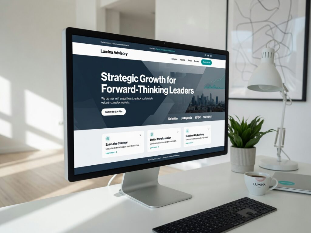 Ultra-realistic 8K photograph of a modern professional business website displayed on a sleek desktop monitor in a bright minimalist office, clean typography, professional color palette, soft natural lighting, depth of field, photorealistic