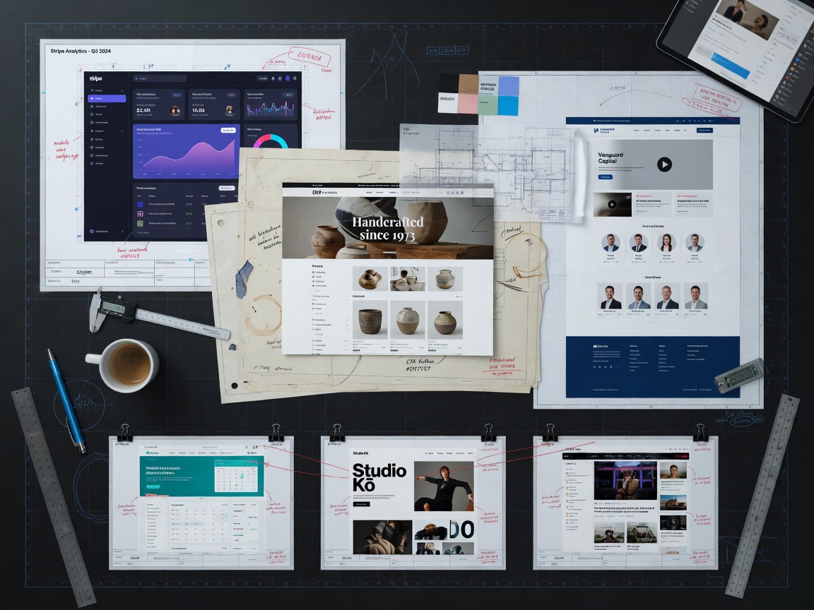 Ultra-realistic 8K aerial view of various professional website layouts arranged like architectural blueprints on a massive digital table, clean organization, technical aesthetic
