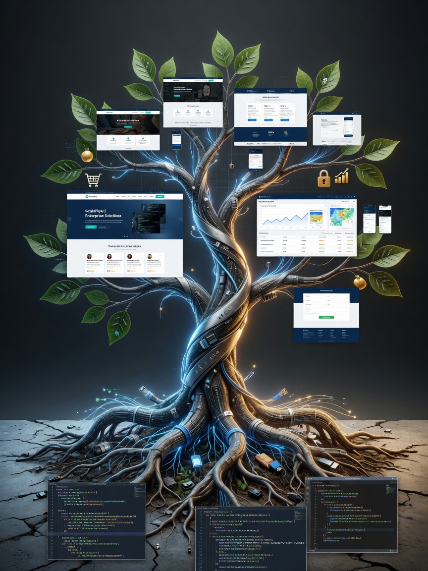 Ultra-realistic 8K image of a growing business tree with roots made of clean code and branches displaying professional website elements, symbolic representation, natural and digital fusion