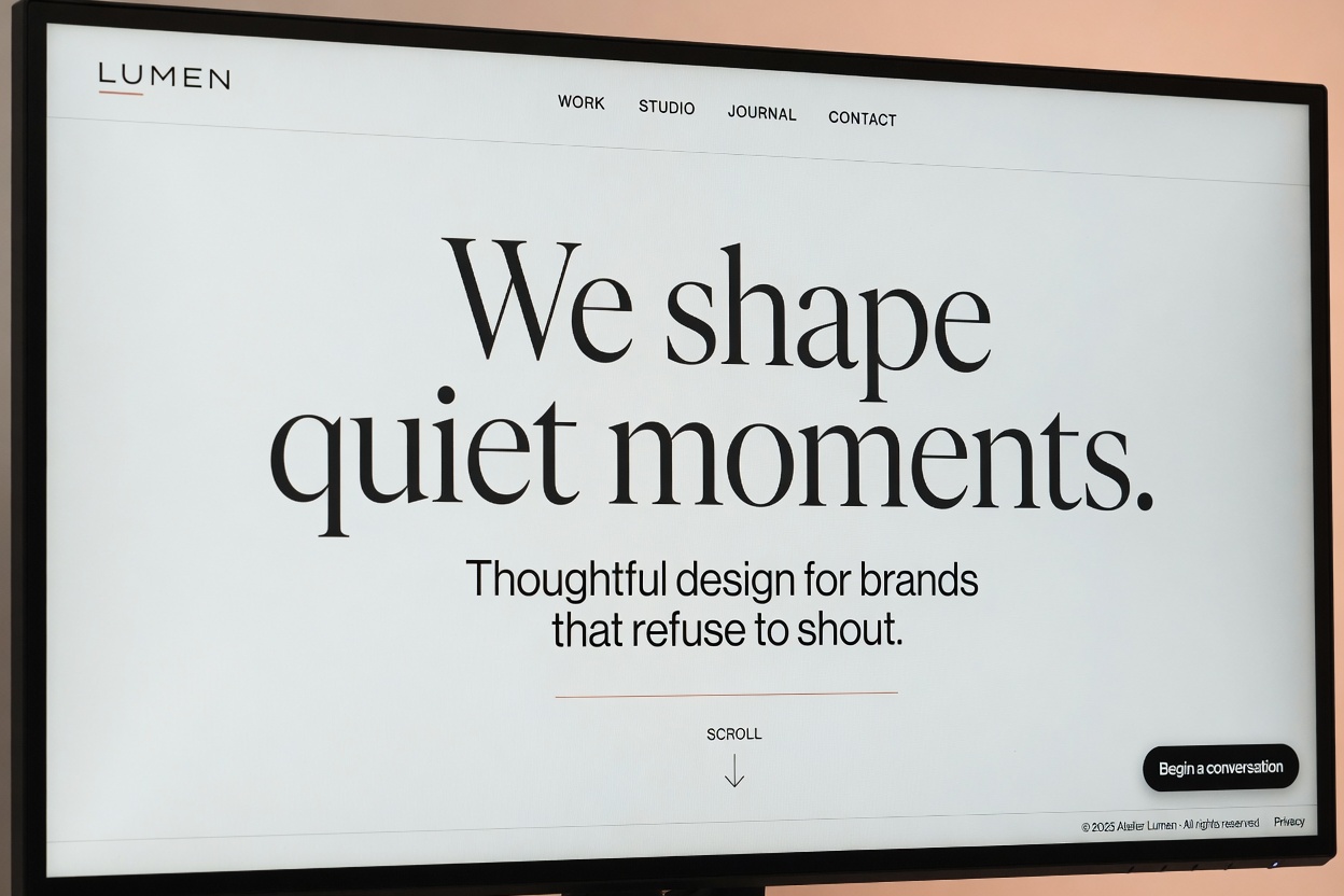 Ultra-realistic 8K close-up of elegant, minimalist website typography and spacing on a large display, perfect kerning, professional font choices, soft shadows, premium feel