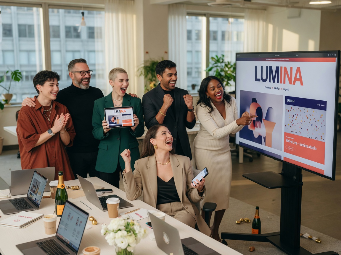 Ultra-realistic 8K photograph of a team celebrating the launch of their new professional website on a large screen in a contemporary office, genuine emotion, natural lighting