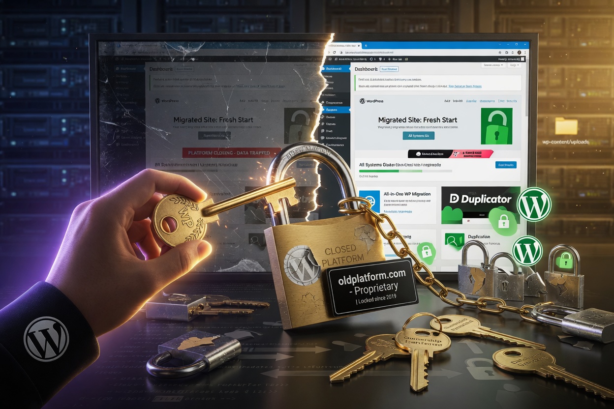 Ultra-realistic 8K image showing seamless migration of a website from a closed platform to open WordPress ownership, illustrated with golden keys and unlocked padlocks, symbolic