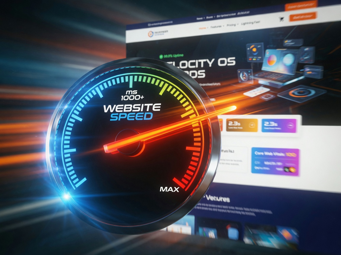 Ultra-realistic 8K cinematic shot of a fast website speedometer needle at maximum with beautiful website in background, motion blur, dynamic composition, blue and orange color grading