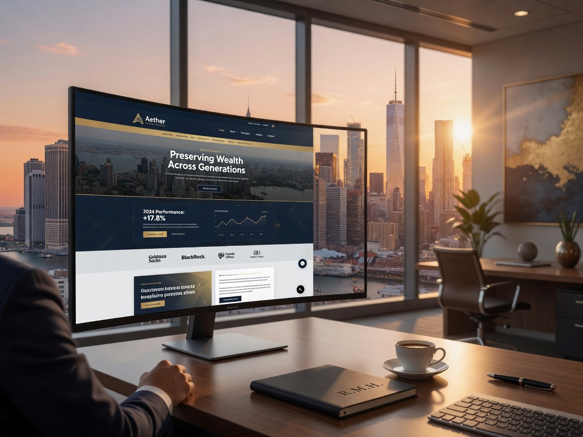 Ultra-realistic 8K image of a professional business website on a large curved monitor in an executive office overlooking a city skyline at golden hour, premium atmosphere