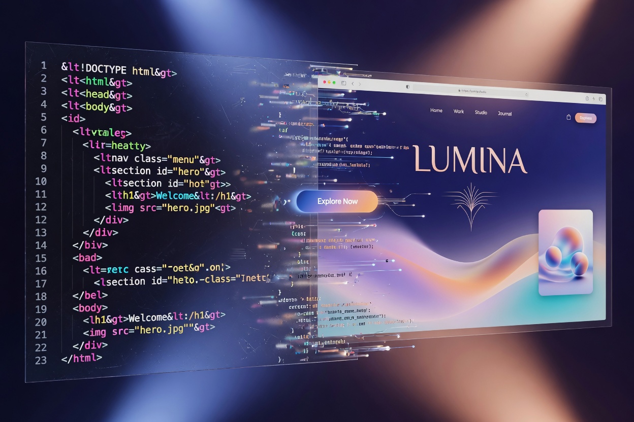 Ultra-realistic 8K macro photograph of perfectly structured HTML code transforming into a beautiful website design, conceptual visualization, smooth transition effect, technical beauty