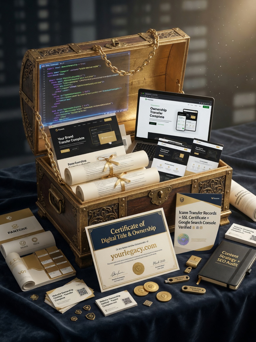 Ultra-realistic 8K image of an open treasure chest filled with digital website assets, clean code, professional design elements, and golden ownership documents, symbolic of true website ownership