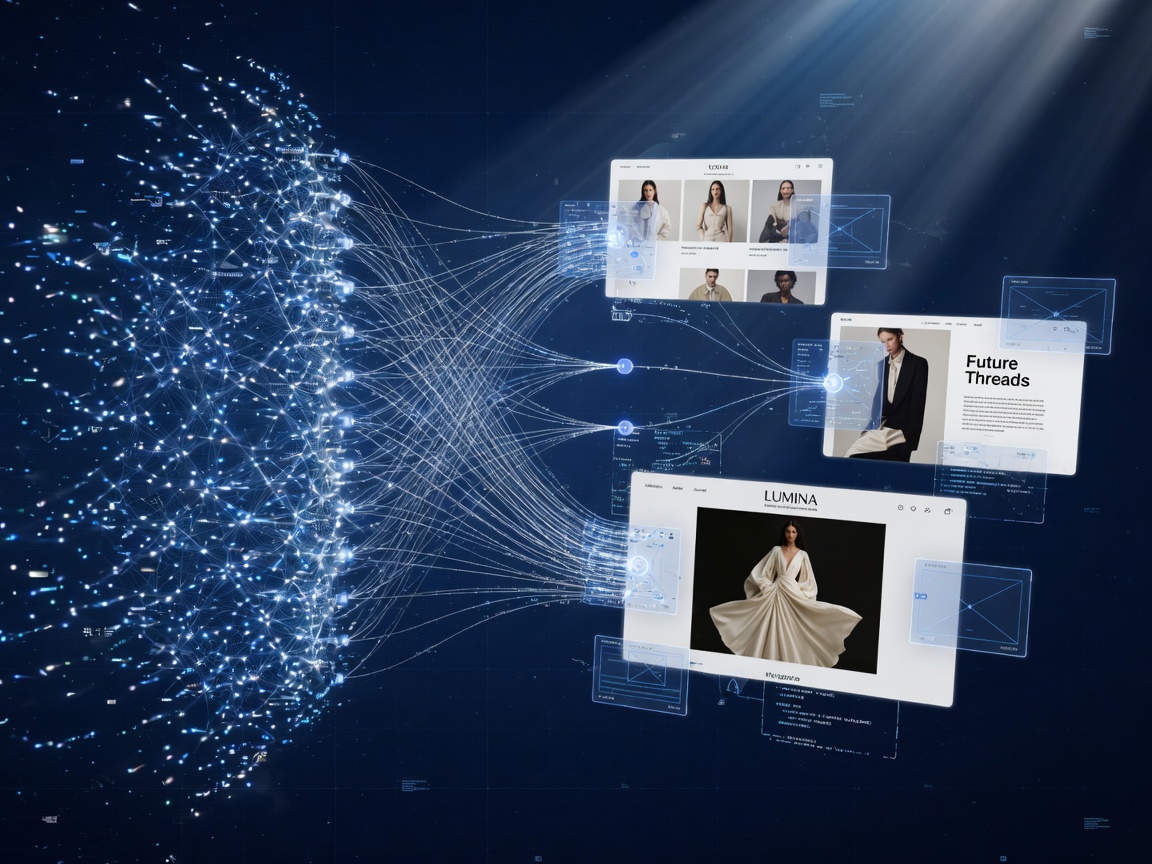 Ultra-realistic 8K image of an AI neural network transforming into elegant website layouts floating in digital space, glowing blue and white connections, futuristic technology aesthetic, cinematic lighting, intricate details