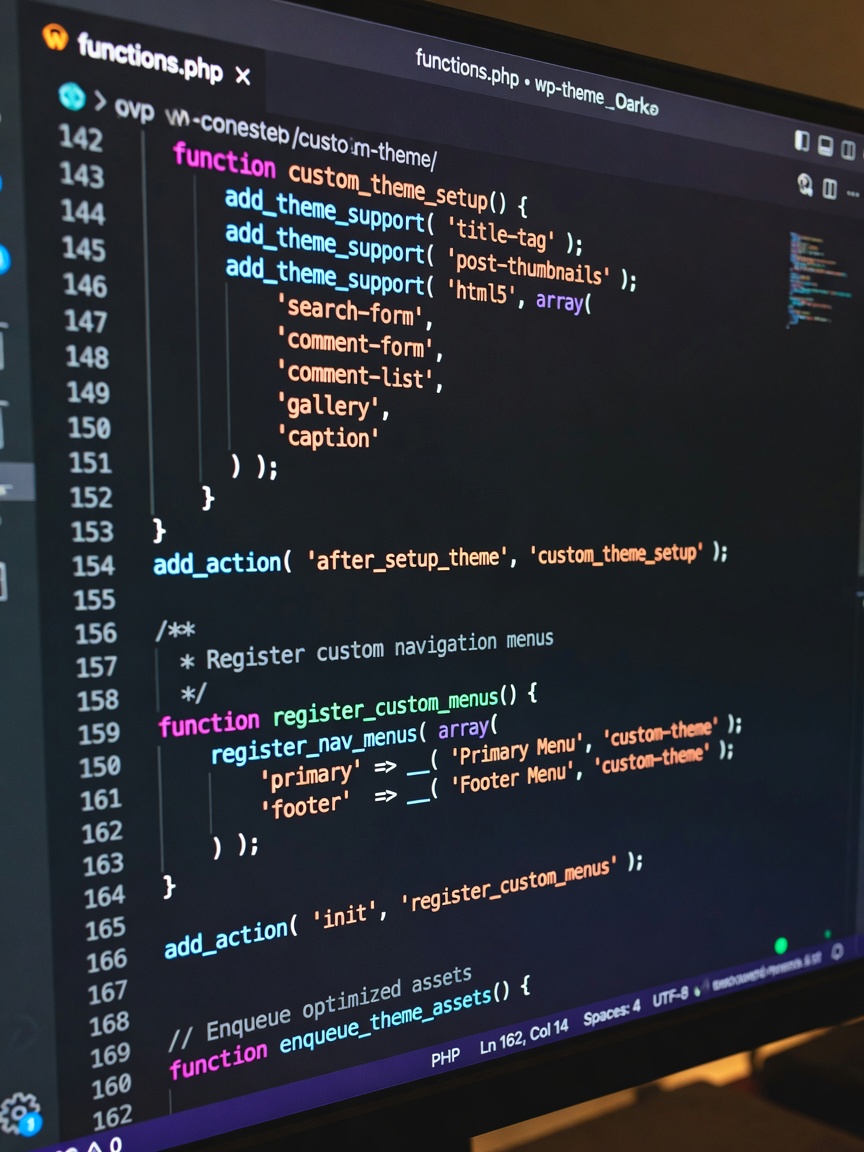 Ultra-realistic 8K close-up of pristine clean WordPress code on a computer screen, syntax highlighted, dark theme, sharp focus, professional development environment, subtle reflections