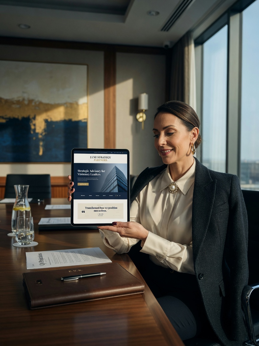 Ultra-realistic 8K photograph of a confident business owner viewing their new professional website on a tablet in a luxury boardroom, natural window light, satisfied expression, premium atmosphere