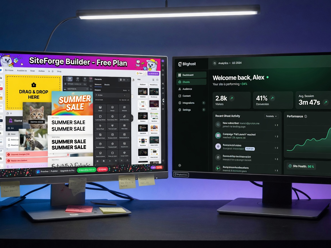 Ultra-realistic 8K image showing the contrast between a cluttered generic website builder interface and a clean professional Bitghost dashboard side by side, modern UI design, sharp details