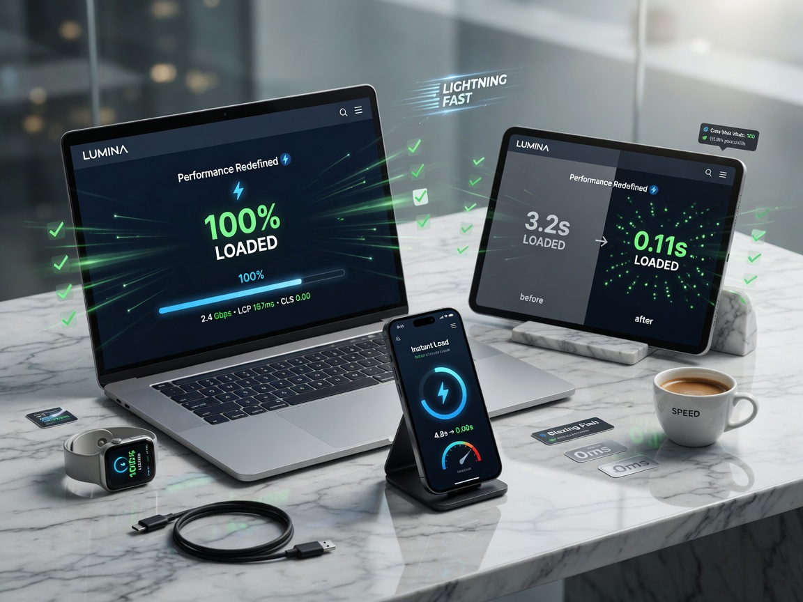 Ultra-realistic 8K cinematic shot of a high-performance website loading instantly on multiple devices arranged elegantly on a marble desk, showing fast loading indicators, premium technology feel