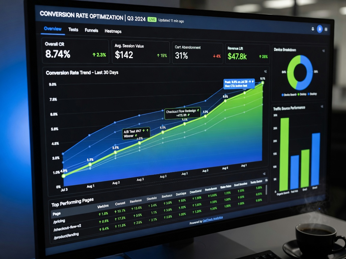 Ultra-realistic 8K photograph of a conversion rate optimization dashboard with upward trending graphs, professional analytics interface, dark mode, blue and green accent colors, sharp focus
