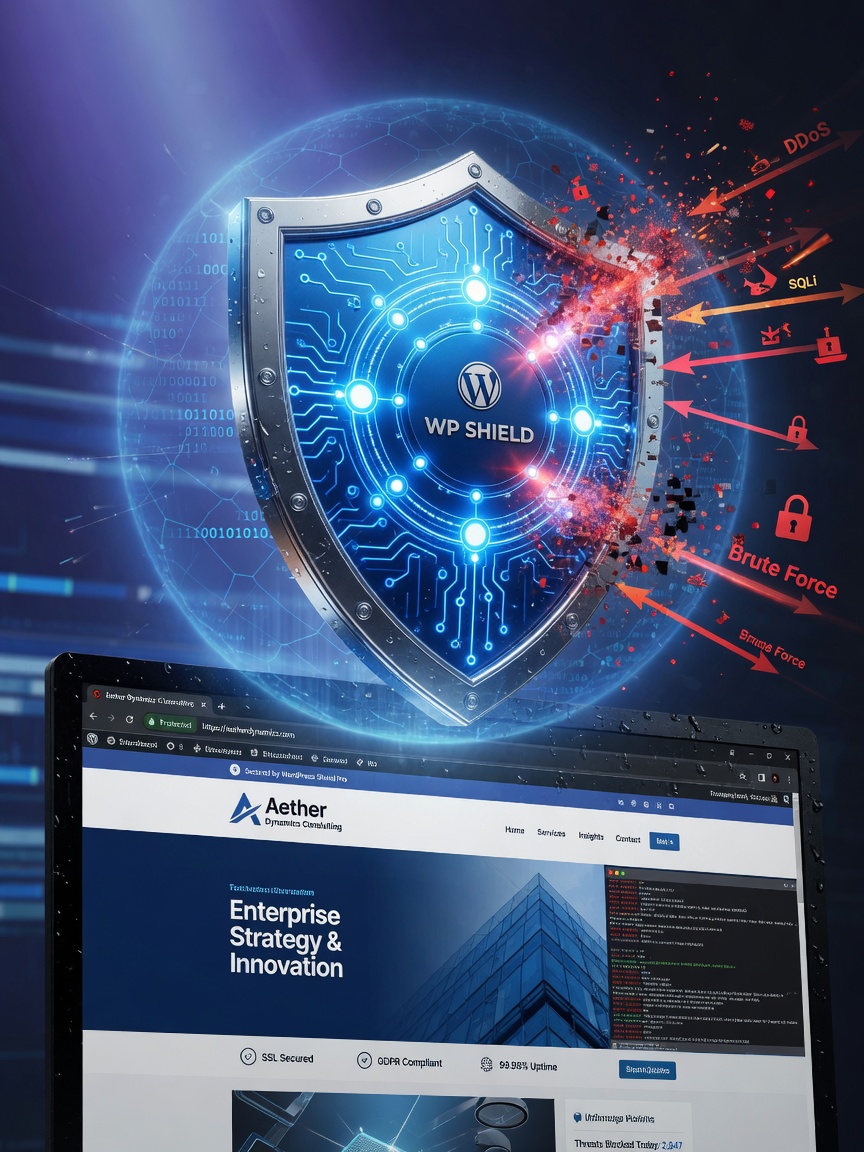 Ultra-realistic 8K image of a secure WordPress website shield icon protecting a professional business site from digital threats, futuristic security visualization, blue tones, dramatic lighting