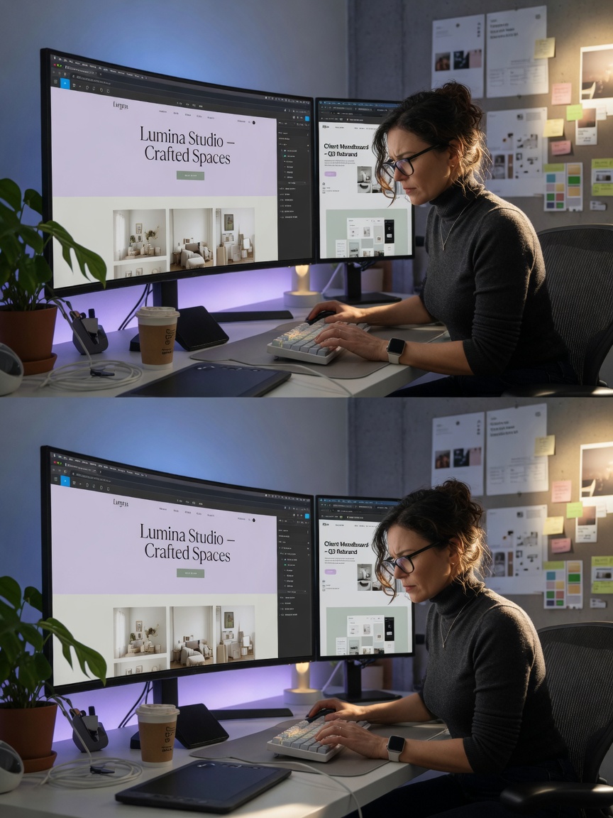 Ultra-realistic 8K portrait of a professional web designer working on a large monitor creating beautiful website layouts, focused expression, modern studio environment, natural lighting